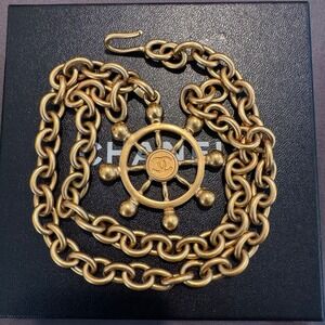 Chanel CC Nautical Ship Wheel Helm‎ Charm Necklace 94P 24k Gold Plated Authentic